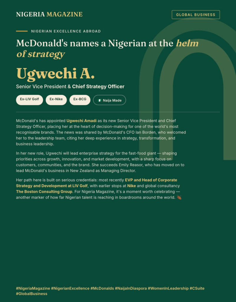 Nigerian Excellence on the Global Stage: Ugwechi A. Named SVP & Chief Strategy Officer at McDonald’s ????????